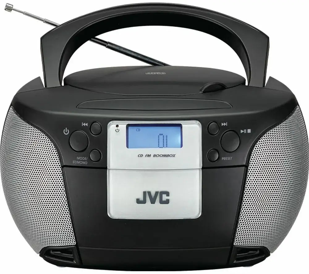 JVC CD FM Boombox with digital display, sleek design, and crystal-clear audio quality.