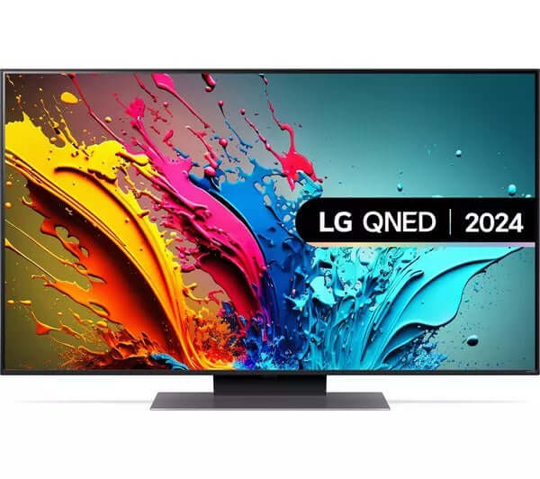 LG QNED 2024 television with vibrant color splash display on screen, available at Electrical Bargain.