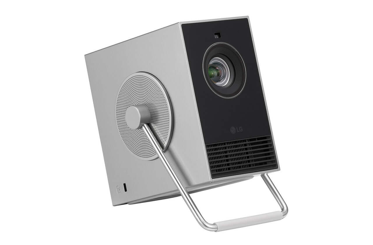 LG portable projector designed for home theater and outdoor movie nights with sleek silver and black design.