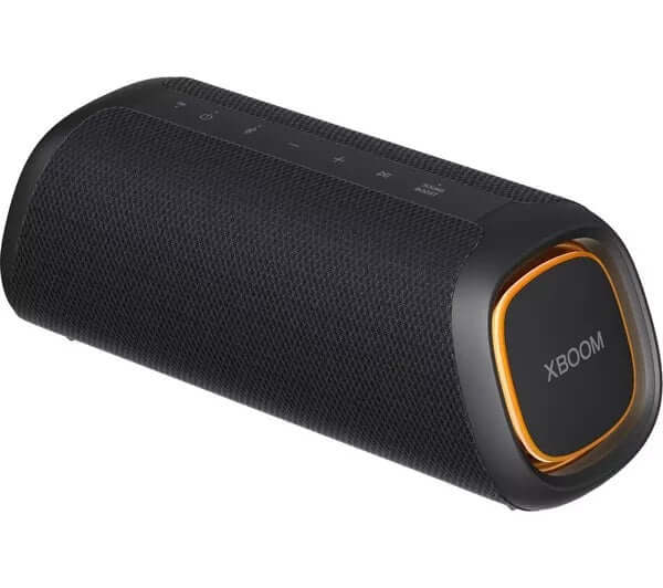 Portable Bluetooth speaker with black and orange design for powerful sound in compact, wireless form.