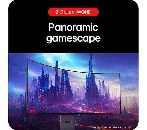 21:9 Ultra-WQHD curved gaming monitor with panoramic gamescape in vivid colors.