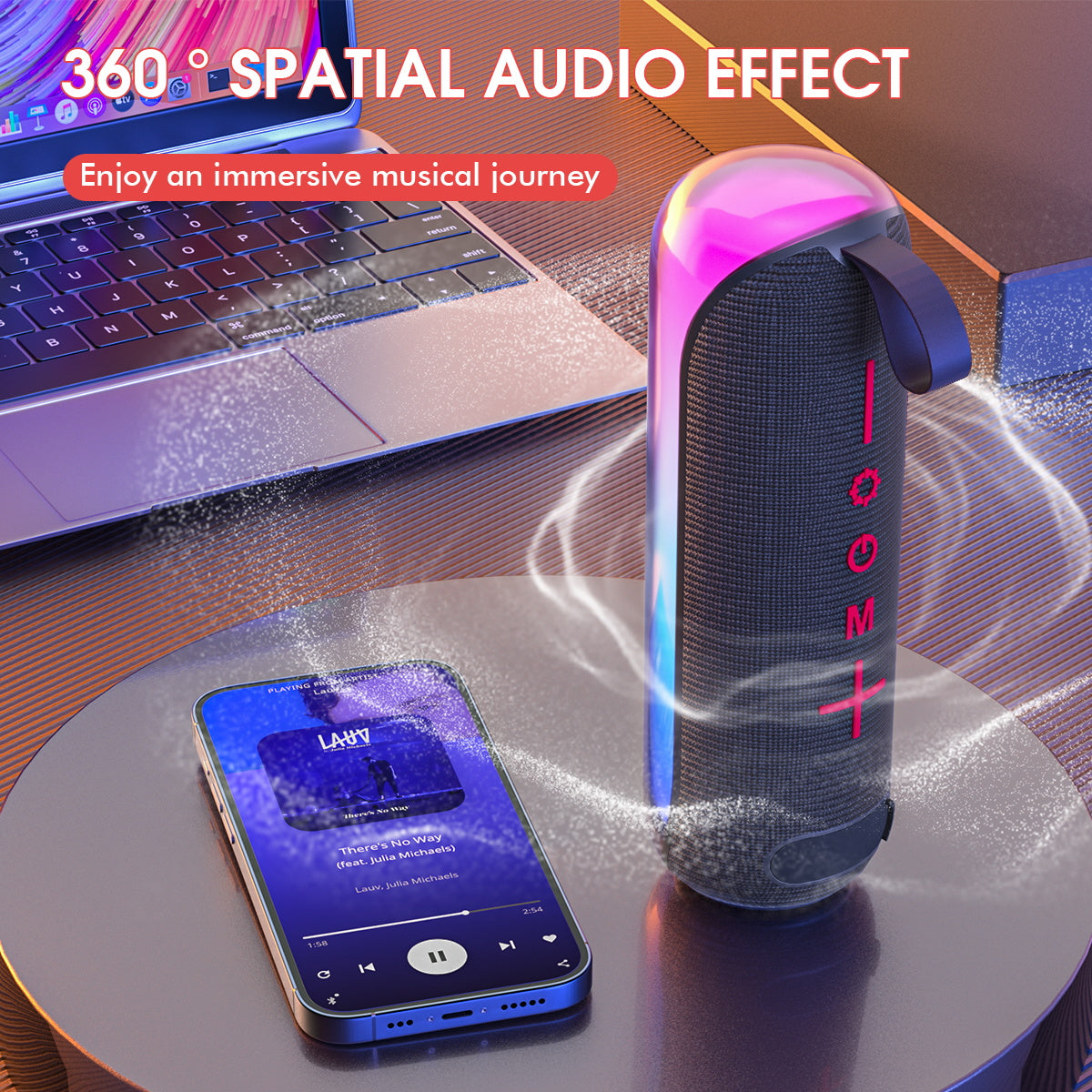 TWS Bluetooth portable speaker highlighting 360° spatial audio effect with colorful LED lights.