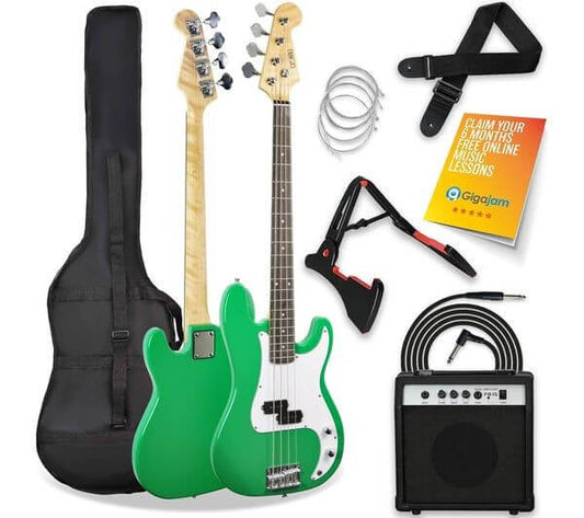 3RD AVENUE 4/4 electric bass guitar bundle with amp, green color, includes accessories, perfect for beginners