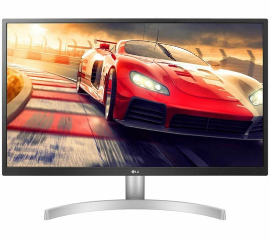 LG UltraGear 27UL500 27-inch 4K UHD monitor displaying a racing car in action, showcasing vibrant colors and clarity.