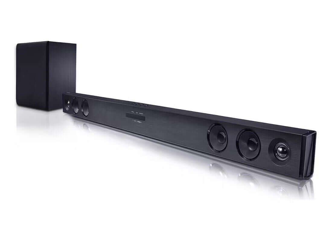 LG SQC2 2.1 wireless Bluetooth soundbar with black wireless subwoofer and sleek design for home audio.