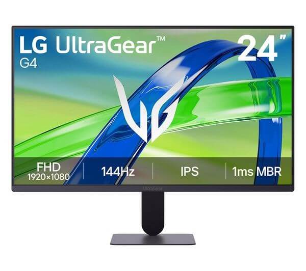 LG ULTRAGEAR 24G411B-B 24 inch monitor with FHD 1920x1080 resolution, 144Hz refresh rate, and IPS display.