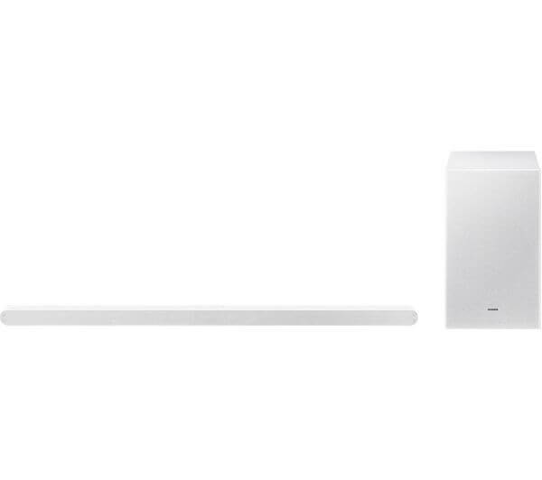 SAMSUNG HW-S701D 3.1 wireless soundbar with subwoofer in white, featuring Dolby Atmos and DTS Virtual:X.