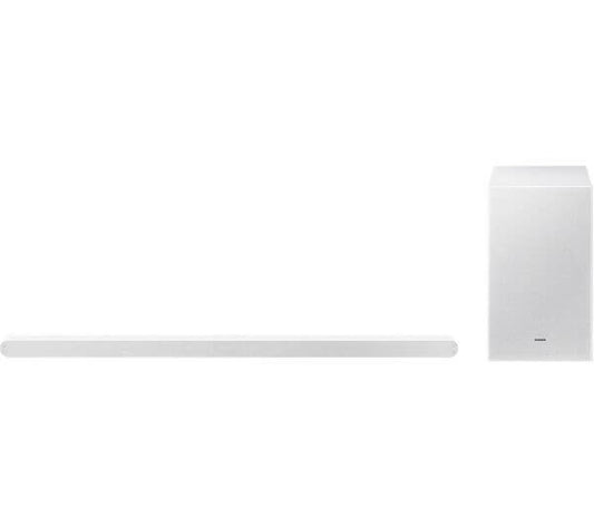 SAMSUNG HW-S701D 3.1 wireless soundbar with subwoofer in white, featuring Dolby Atmos and DTS Virtual:X.