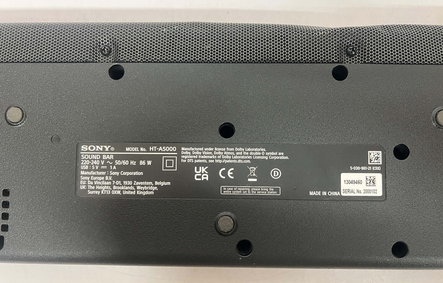 Back view of Sony HT-A5000 soundbar showing model information and specifications.