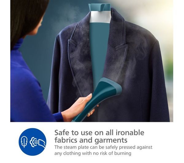 Woman using PHILIPS 1000 SERIES STE1040/20 1800W STANDING CLOTHES STEAMER BLUE ANTI-SCALE on a jacket.