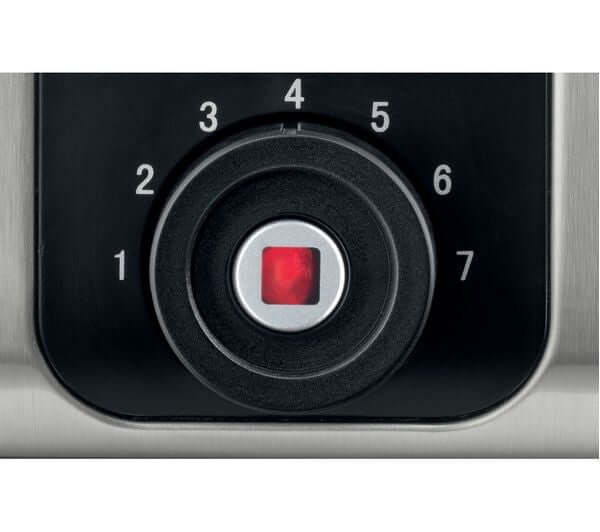 Close-up of the temperature dial on the BOSCH SKY TAT7203GB 2 SLICE MODERN TOASTER 1050W STAINLESS STEEL BLACK.