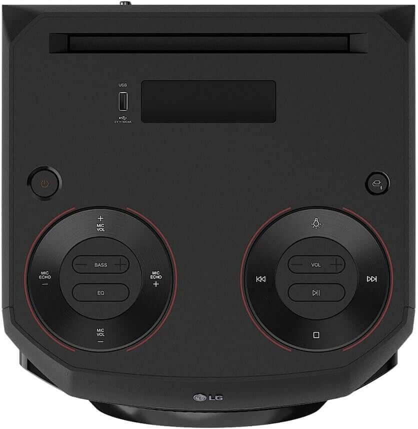 Top view of LG XBOOM RNC2 Bluetooth speaker featuring controls for bass, volume, and karaoke settings in black design.