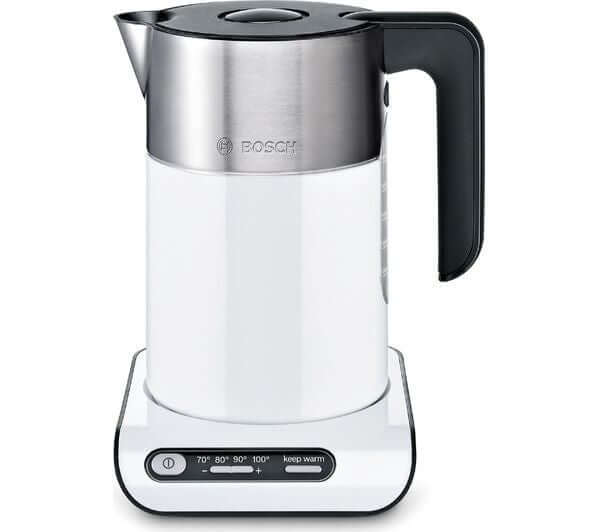 BOSCH Styline TWK8631GB 3000W 1.5L CORDLESS JUG STAINLESS STEEL KETTLE WHITE on a base with temperature settings.