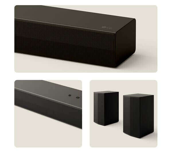 LG US60TR 5.1 Wireless Sound Bar with wireless subwoofer and speakers, detailed close-ups showcasing sleek black design.