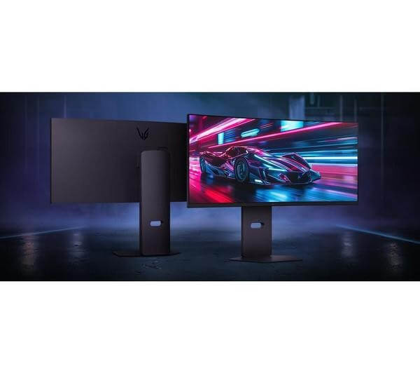 LG ULTRAGEAR 34G600A-B gaming monitor showcasing vibrant racing graphics and modern design.