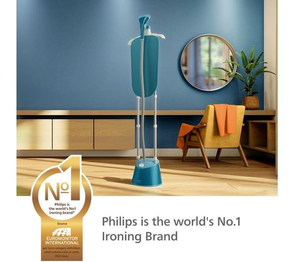 PHILIPS 1000 SERIES STE1040/20 1800W STANDING CLOTHES STEAMER BLUE ANTI-SCALE displayed in a stylish interior.