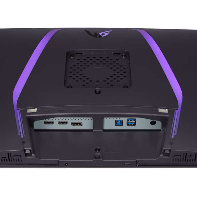 Back view of LG 32GS95UV-B 32" MONITOR OLED GAMING ULTRAGEAR 4K ULTRA HD 2160P 240HZ 0.03MS with ports and cooling design.