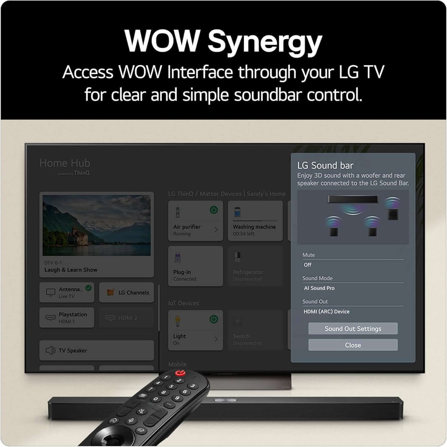LG SOUNDBAR US40T 2.1 300W WIRELESS SUBWOOFER BLUETOOTH 5.3 HDMI showcasing WOW Synergy for easy control.