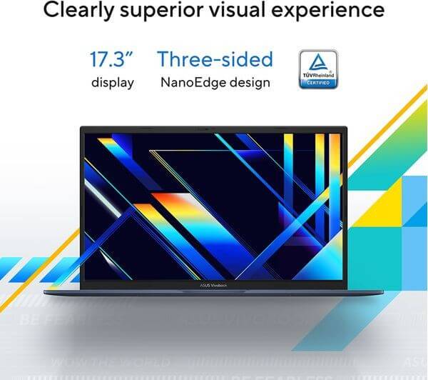 ASUS VIVOBOOK 17 X1704VA 17.3" LAPTOP CORE i5-1235U 512GB SSD 8GB RAM WINDOWS 11 display showing three-sided NanoEdge design.