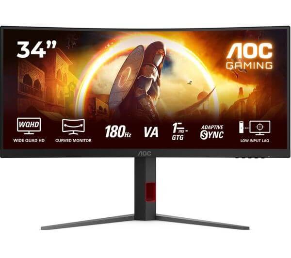 AOC CU34G4 34" GAMING MONITOR WIDE QUAD HD 1440P CURVED VA LCD HDMI DISPLAYPORT with 180Hz refresh rate and adaptive sync.