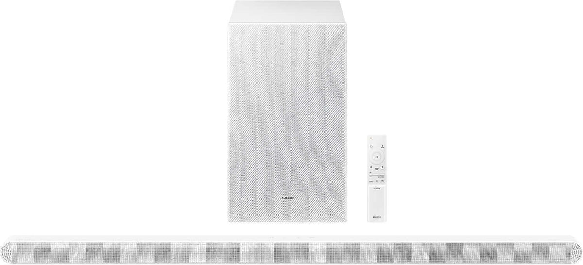 SAMSUNG HW-S701D 3.1 Wireless Soundbar with subwoofer and remote control in white.