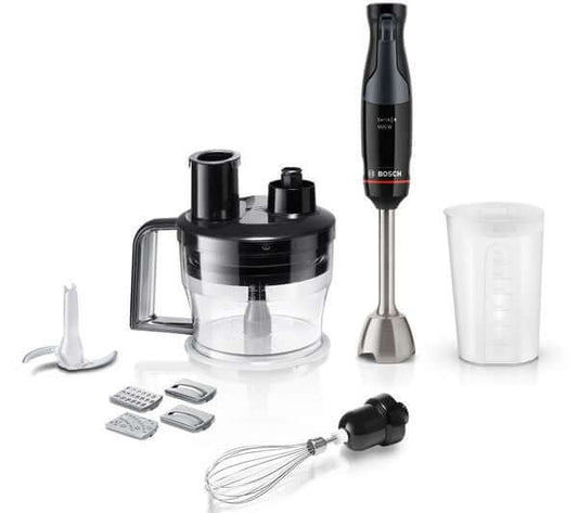BOSCH ERGOMASTER 3-in-1 Pressure Controlled Speed Hand Blender accessories, including chopper, whisk, and measuring cup.