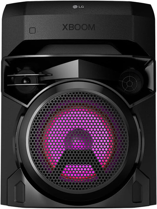 LG XBOOM RNC2 Bluetooth party speaker with vibrant LED lights and powerful bass woofer in black finish.