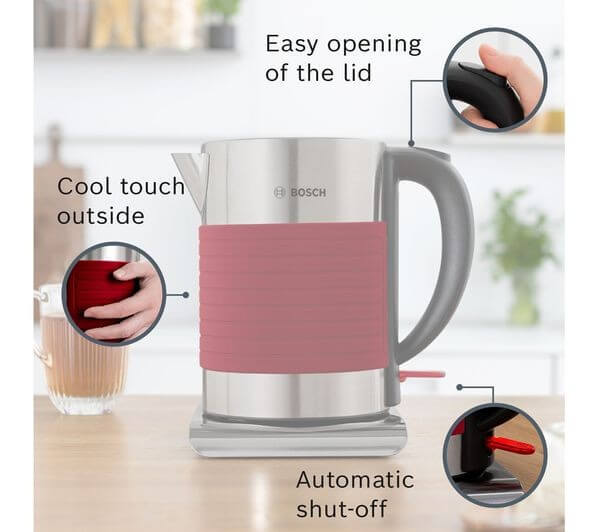 BOSCH Silicone TWK7S04GB 3000W 1.7L CORDLESS JUG STAINLESS STEEL KETTLE RED features easy lid opening and cool touch exterior.