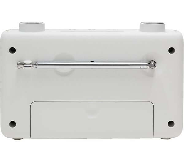 Back view of ROBERTS Play 11 portable DAB FM radio with LCD display and telescopic antenna.