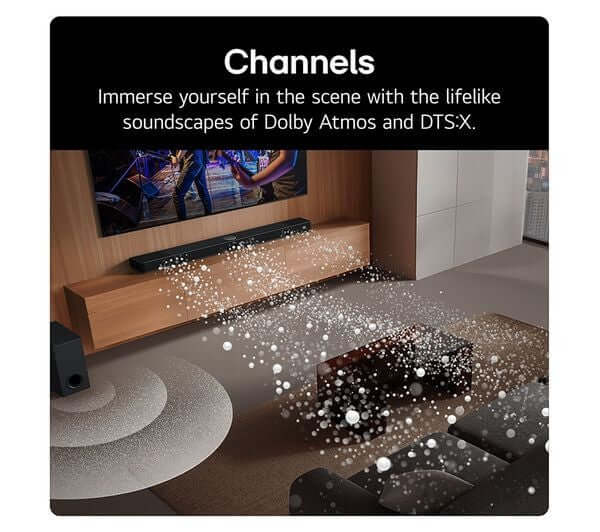 Immerse yourself in lifelike soundscapes of Dolby Atmos and DTS:X with the LG USG10TY SOUNDBAR HOME CINEMA 3.1 WIRELESS SUBWOOFER 4K 420W DOLBY ATMOS HDMI.