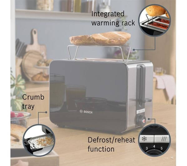 BOSCH SKY TAT7203GB 2 SLICE MODERN TOASTER 1050W STAINLESS STEEL BLACK features integrated warming rack and defrost/reheat function.