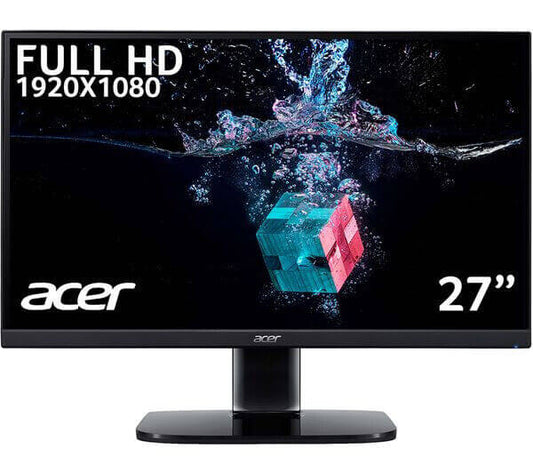 ACER 27-inch LCD monitor displaying Full HD 1920x1080 resolution with colorful graphics and water splash effect.