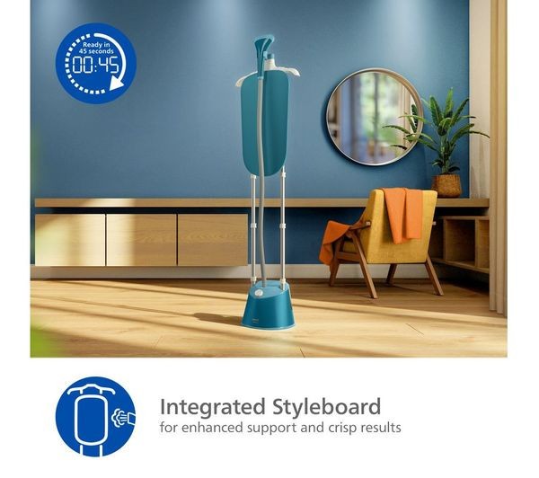 PHILIPS 1000 SERIES STE1040/20 1800W STANDING CLOTHES STEAMER BLUE ANTI-SCALE in modern interior setting.