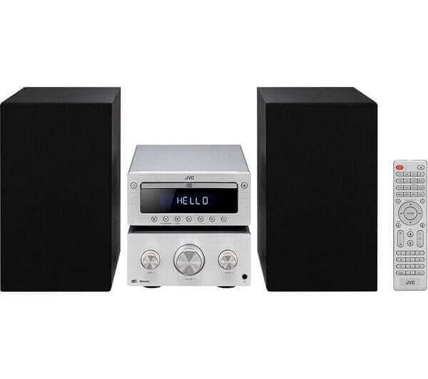 JVC UX-D752 Wireless Traditional Hi-Fi System with speakers and remote control in silver and black