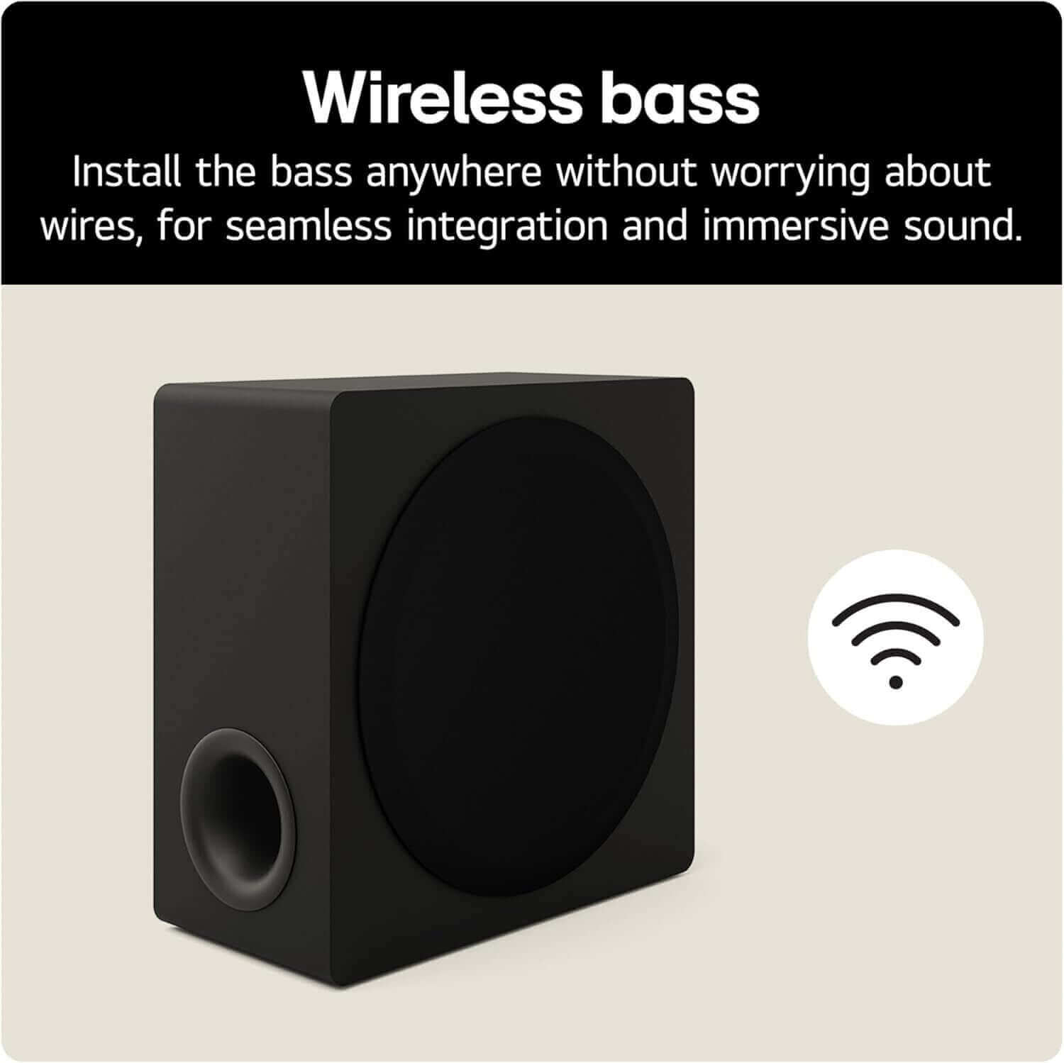 Wireless subwoofer for seamless integration and immersive sound with wireless connectivity icon.