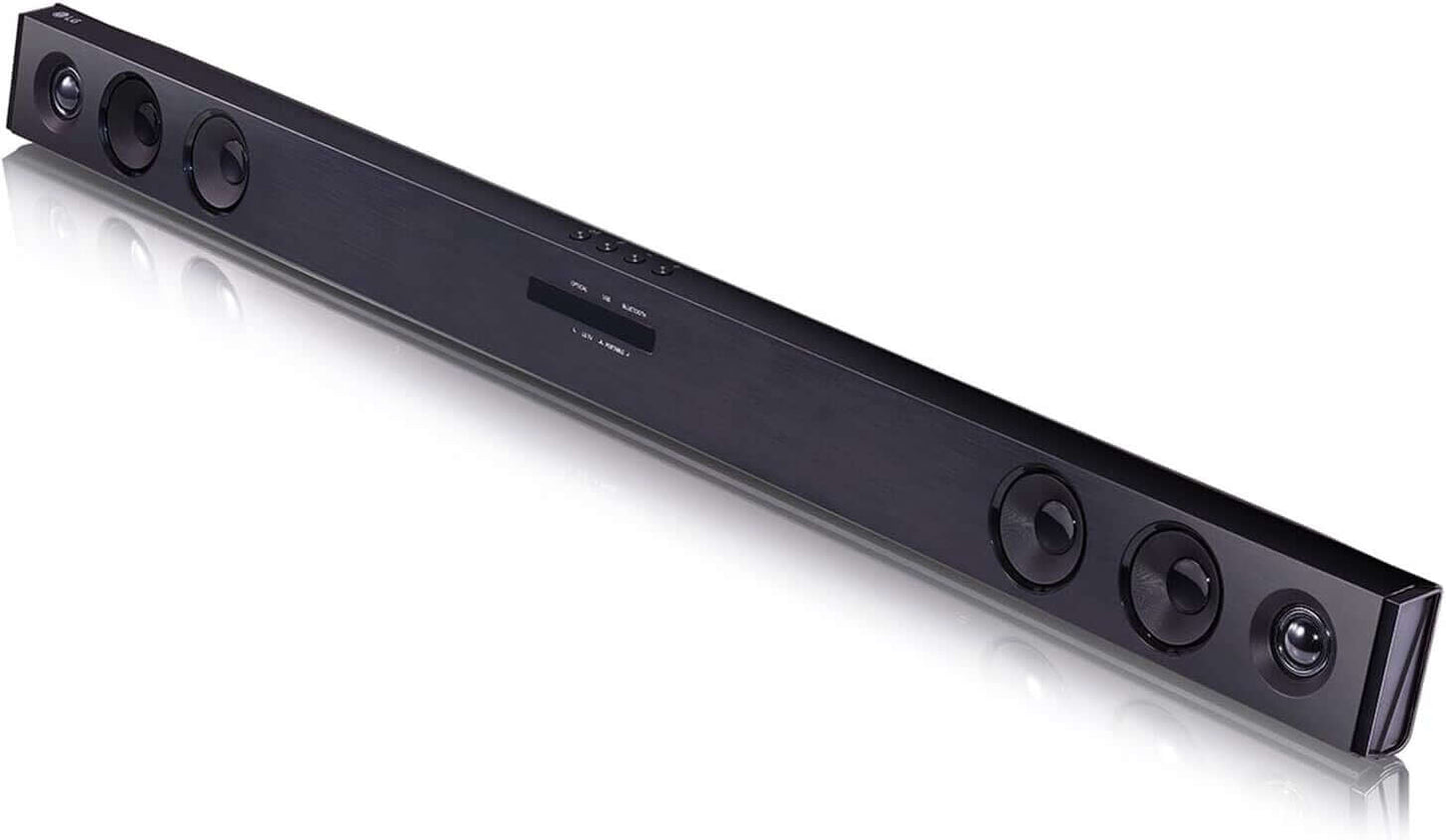 LG SQC2 2.1 Bluetooth compact soundbar in black, featuring multiple speakers for enhanced audio performance.