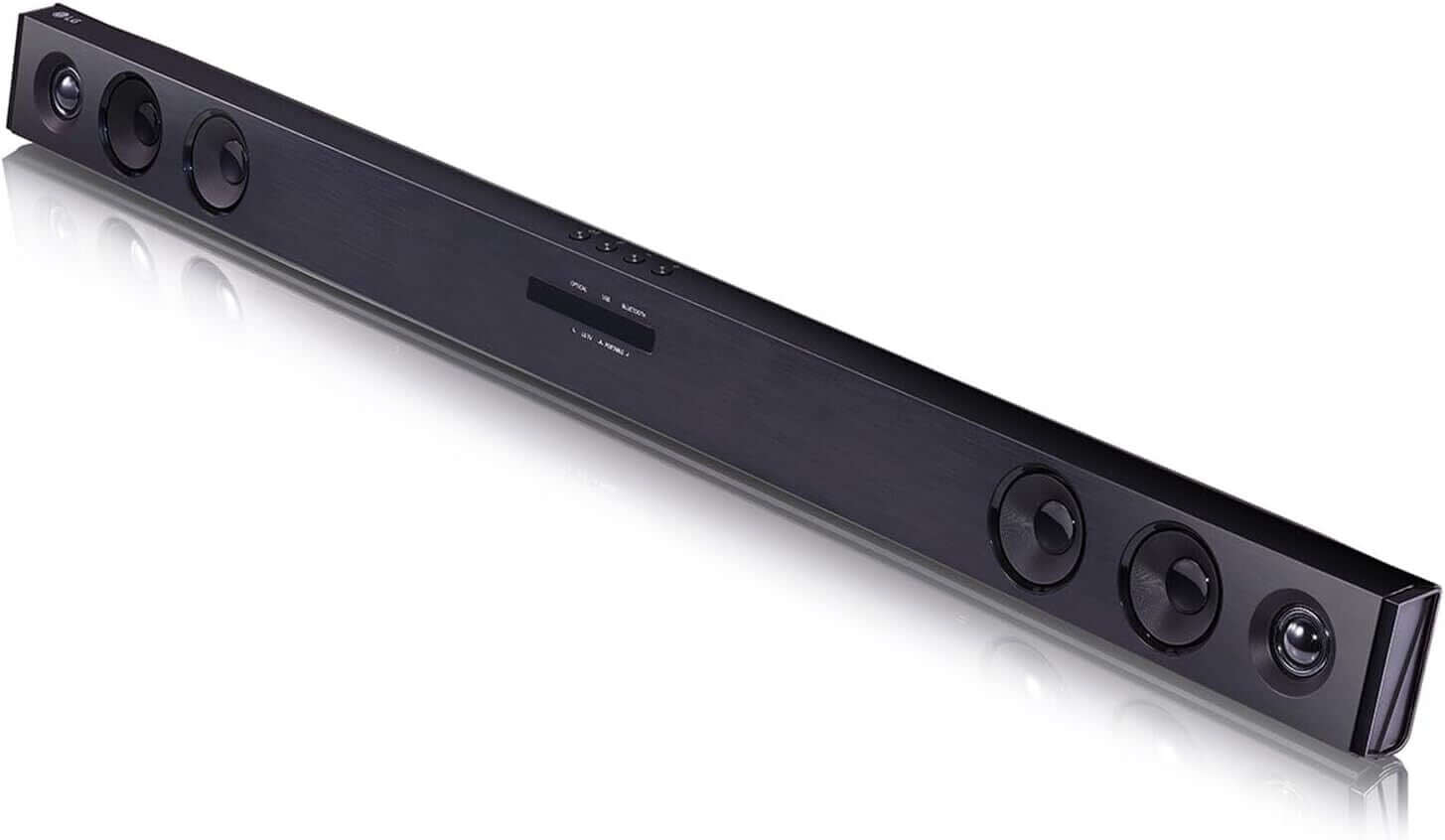 LG SQC2 2.1 Bluetooth compact soundbar in black, featuring multiple speakers for enhanced audio performance.