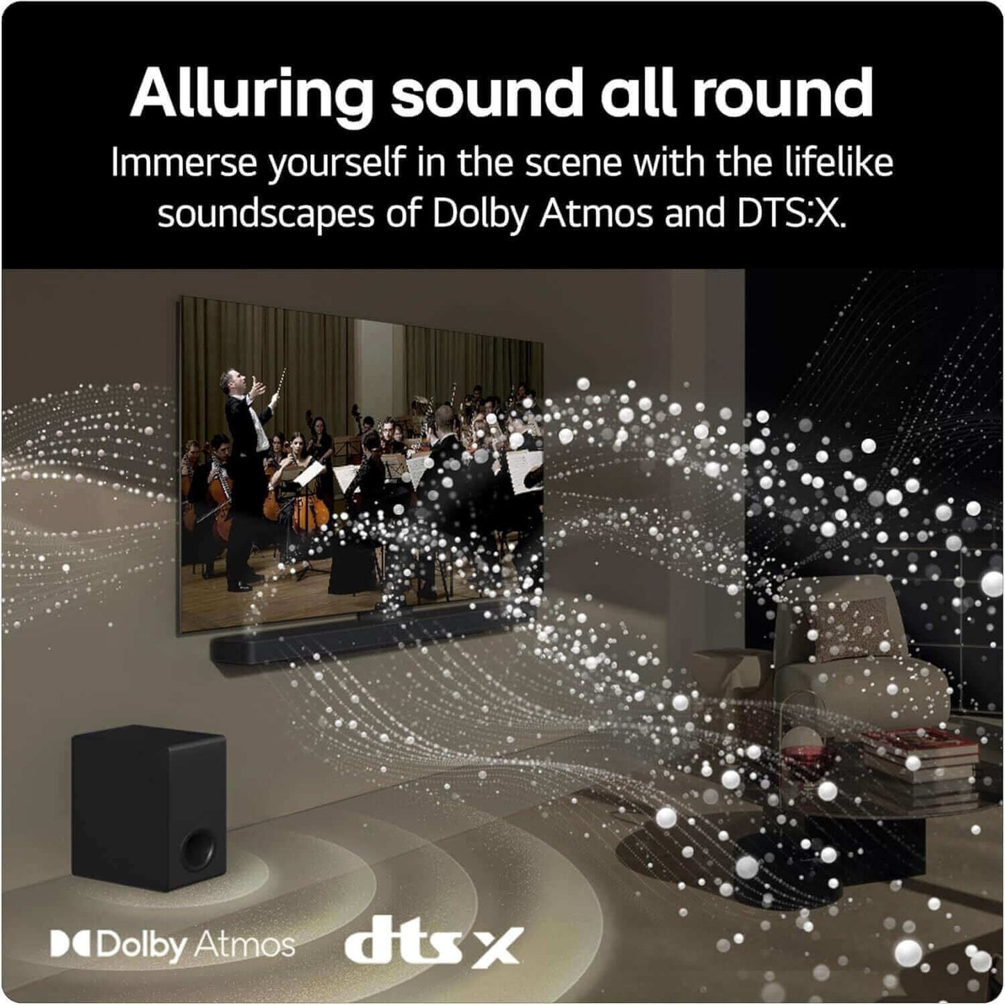 Dolby Atmos and DTS:X sound technology with orchestra illustration, highlighting immersive audio experience with speaker system.