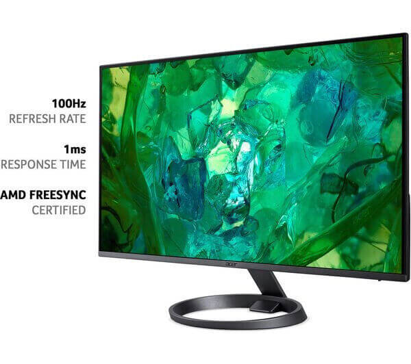 Acer Vero 24" Full HD monitor showcasing 100Hz refresh rate, 1ms response time, and AMD FreeSync certification over vibrant green background.