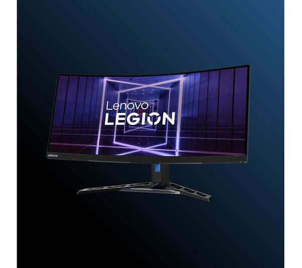 LENOVO LEGION Y34WZ-30 QUAD HD 1440P 34" LED GAMING MONITOR 1MS HDMI DISPLAYPORT displayed on a curved screen.