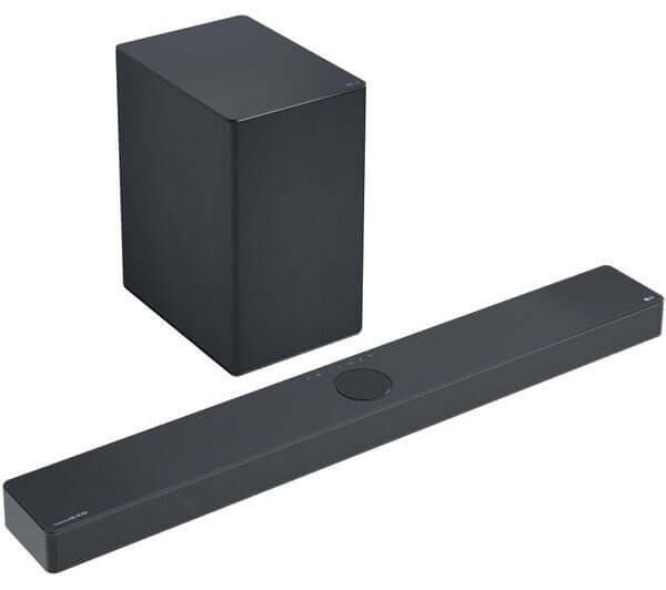 LG USC9S SOUNDBAR 3.1.3 WIRELESS SUBWOOFER 4K 400W HDMI DOLBY ATMOS MERIDIAN showing soundbar and subwoofer.