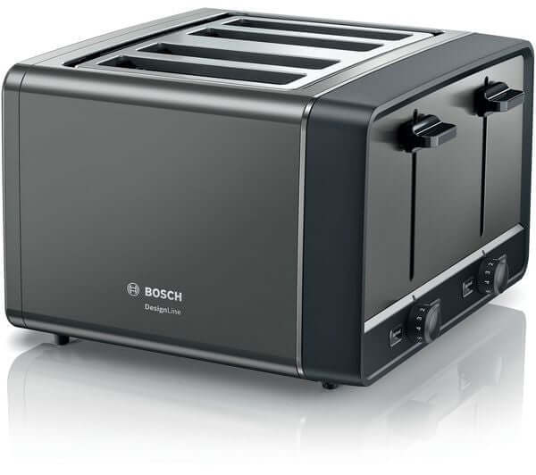 BOSCH DesignLine ERGO TAT5P445GB 4 SLICE TOASTER 980W STAINLESS STEEL ANTHRACITE with multiple slots.
