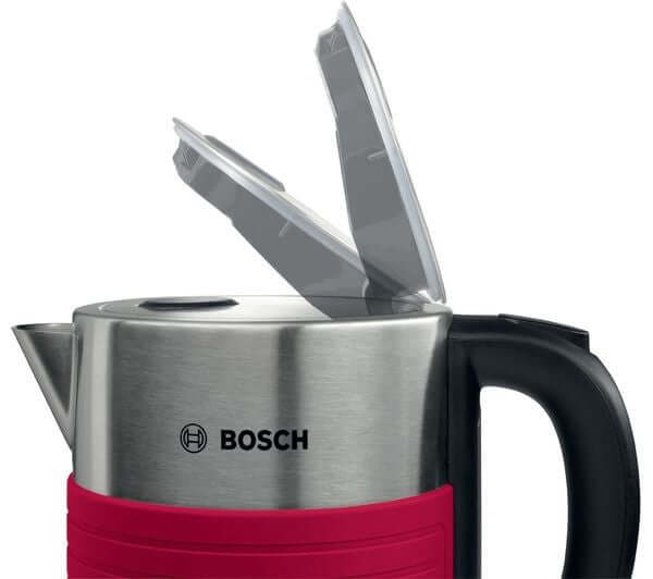 BOSCH Silicone TWK7S04GB 3000W 1.7L CORDLESS JUG STAINLESS STEEL KETTLE RED with open lid and handle view.