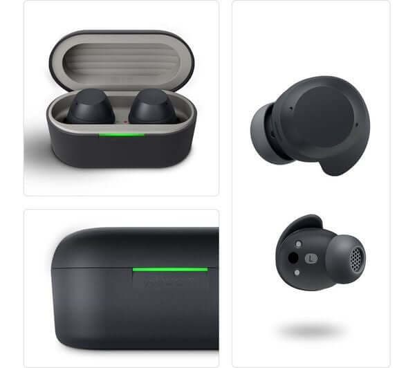 LG HEADPHONES TRUE WIRELESS BLUETOOTH 5.4 NOISE-CANCELLING IPX4 BLACK XBOOM BUDS in charging case and exposed earbuds.