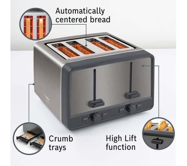 BOSCH DesignLine ERGO TAT5P445GB 4 SLICE TOASTER 980W STAINLESS STEEL ANTHRACITE features and functions.