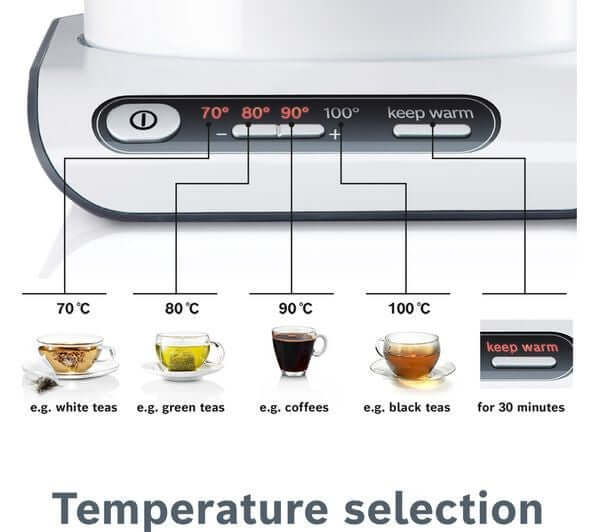 BOSCH Styline TWK8631GB 3000W 1.5L CORDLESS JUG STAINLESS STEEL KETTLE WHITE temperature selection panel with keep warm function.