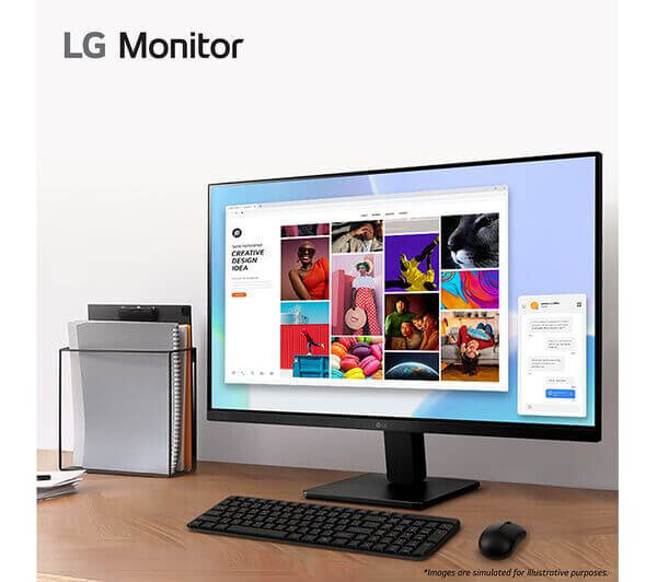 LG 27MR400 Full HD IPS monitor displaying vibrant content with keyboard and mouse on a desk.