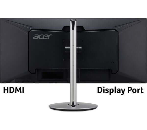 Back view of ACER monitor displaying HDMI and DisplayPort connections with a silver stand.