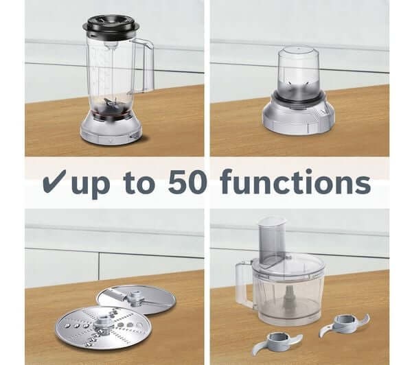BOSCH MultiTalent3 MCM3501MGB Food Processor showing various attachments and features, highlighting up to 50 functions.