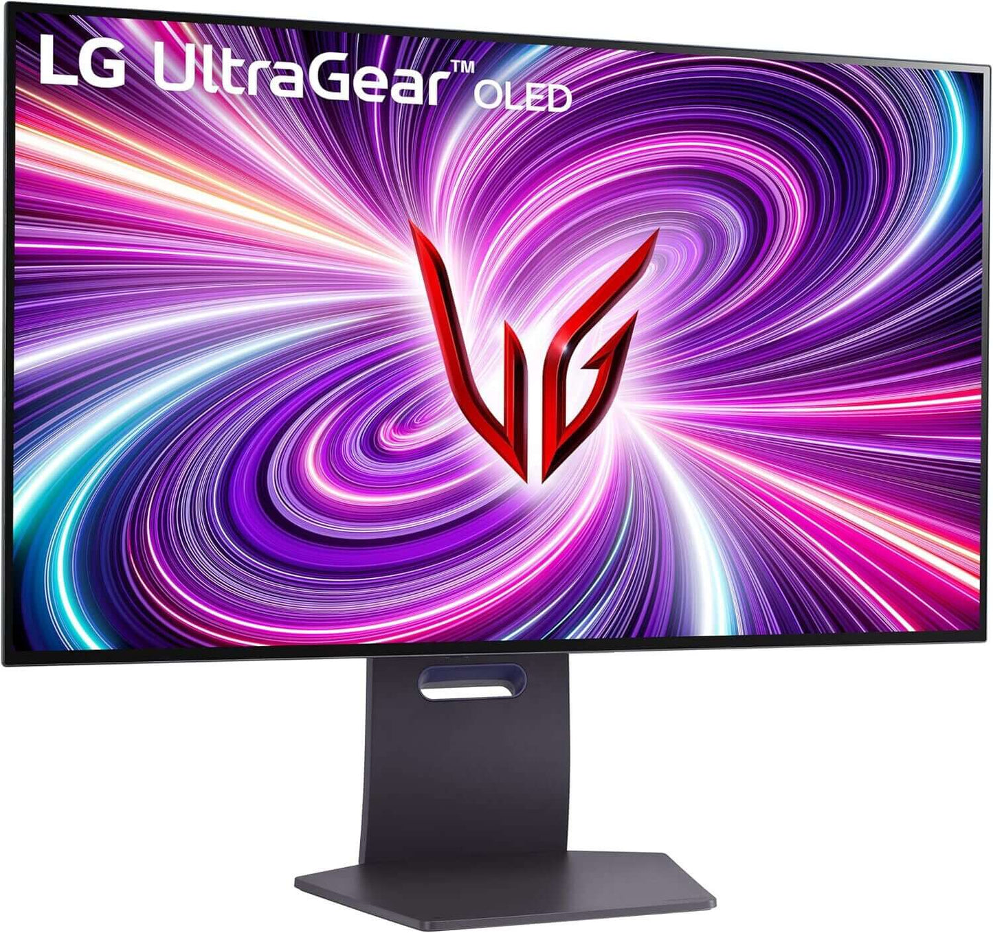 LG UltraGear 32GS95UE-B 4K UHD OLED Gaming Monitor with vibrant swirling colors displayed on screen.